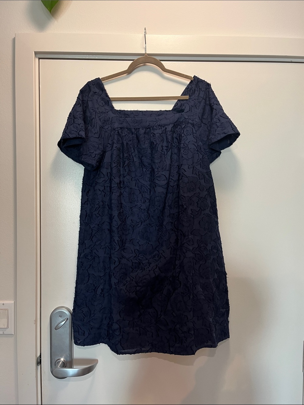LOFT Navy Textured Floral Square-Neck Dress